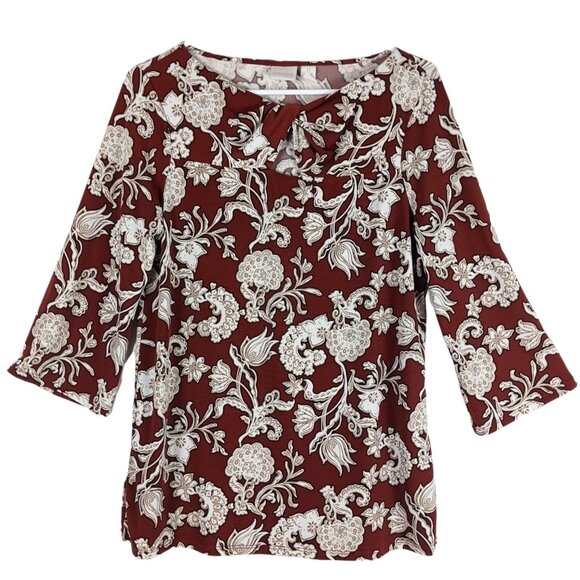 Chicos Twist Front Scrolls Top Women’s Size 0 Small Keyhole Neck 3/4 Sleeve - Picture 1 of 7